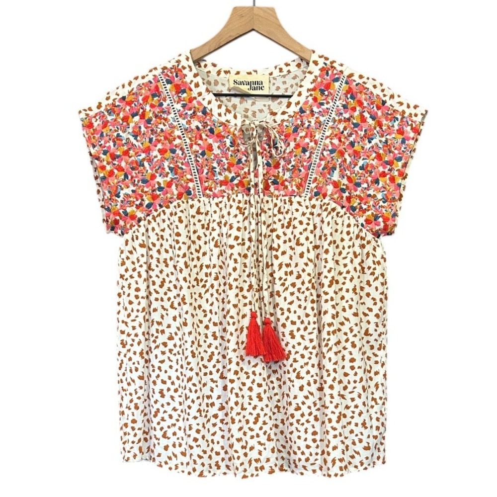 Savanna Jane Boho Embroidered Short Sleeve Tassel Tie Top Size Small - Picture 3 of 12